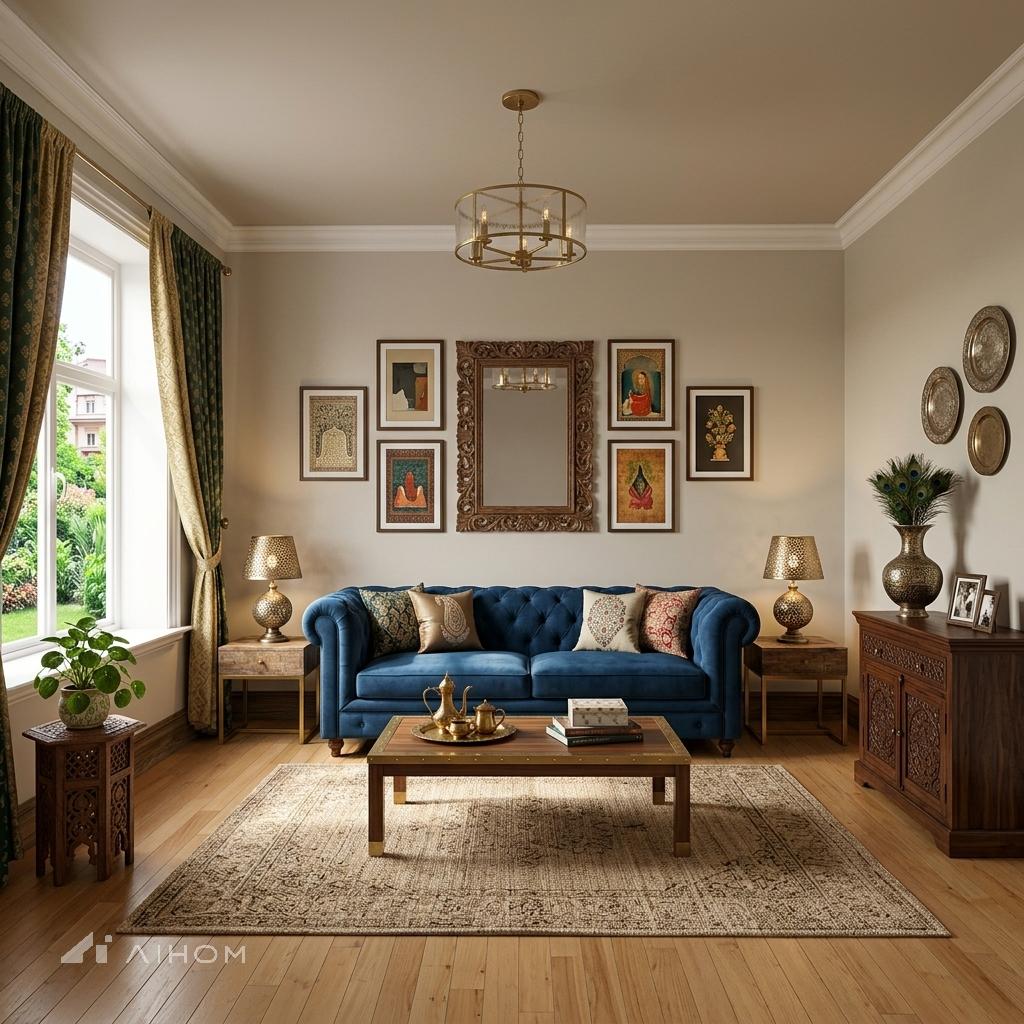 Living room with blue sofa