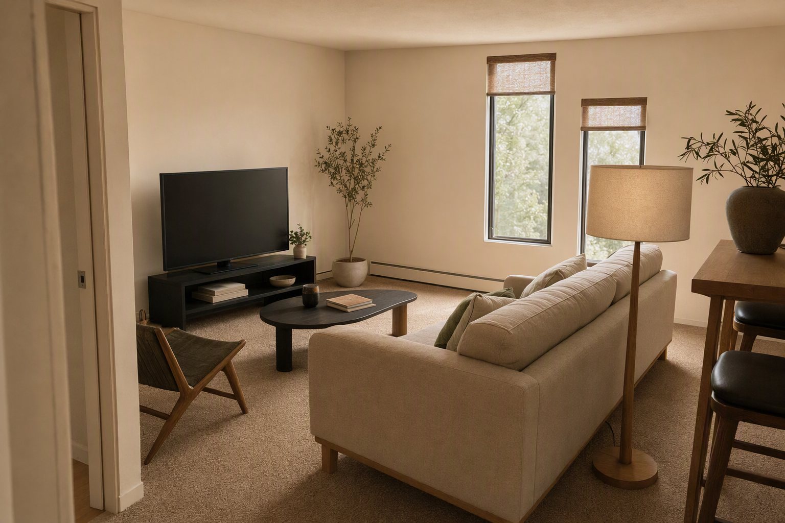 The same living room restyled by a generic image AI: looks nice, but the windows, walls and furniture no longer match the real room