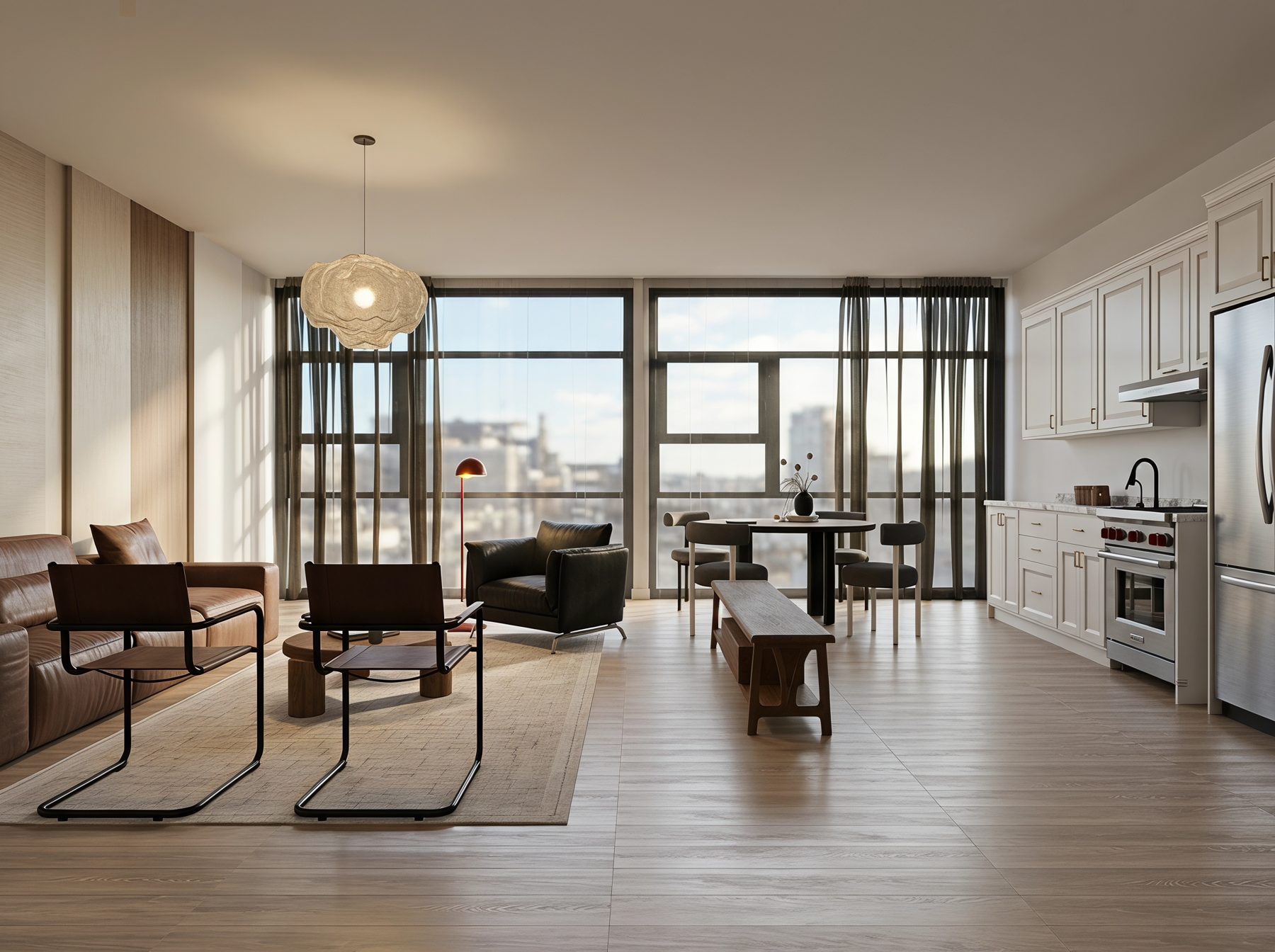 Style A: the AIHom living room with a light floor and white kitchen