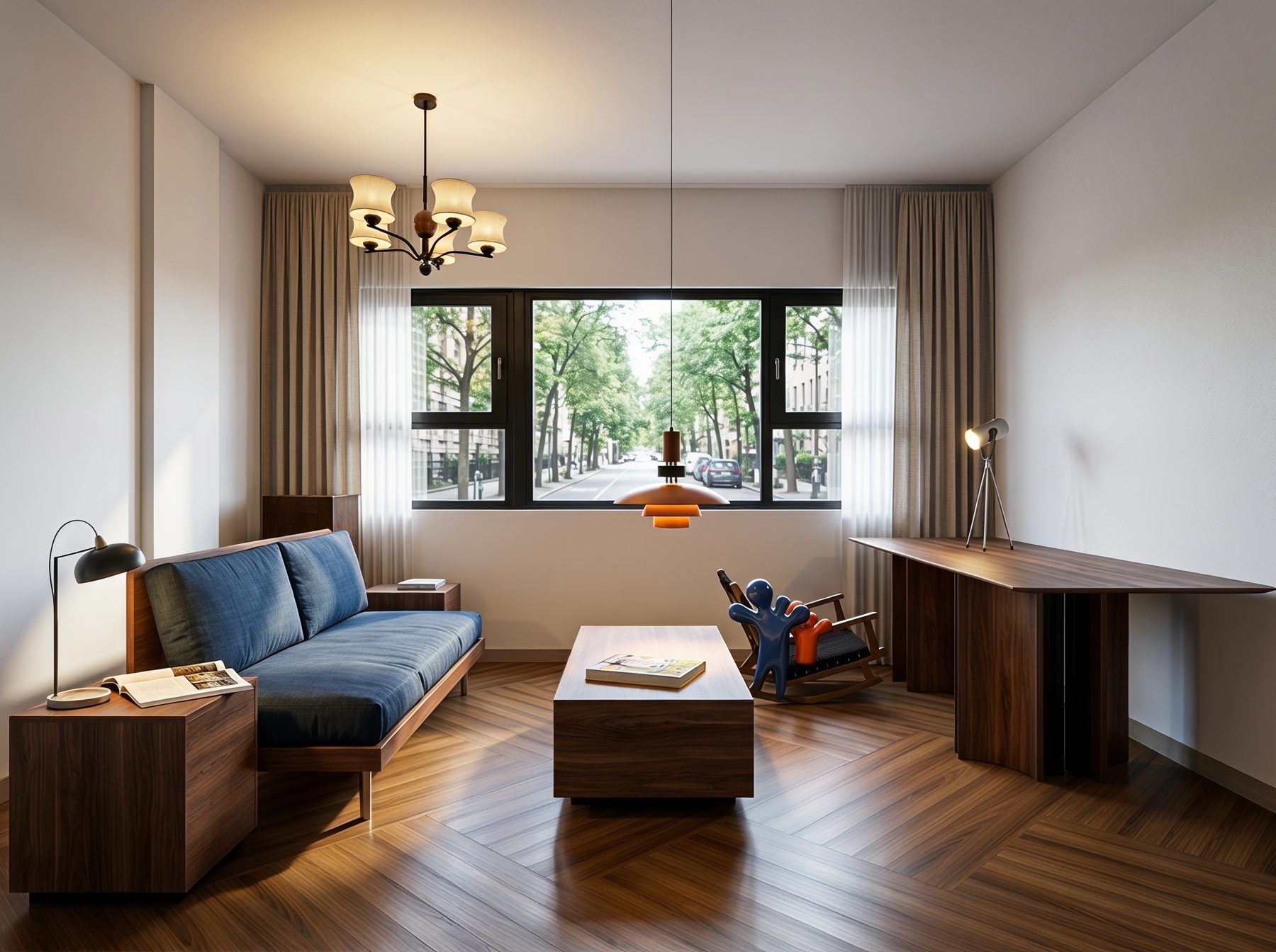 Lounge with a blue sofa and desk