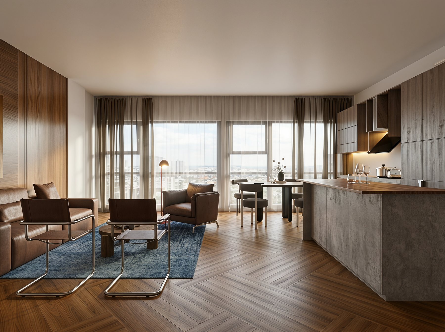 AIHom render of the same plan: living room and kitchen with herringbone floor and a blue rug