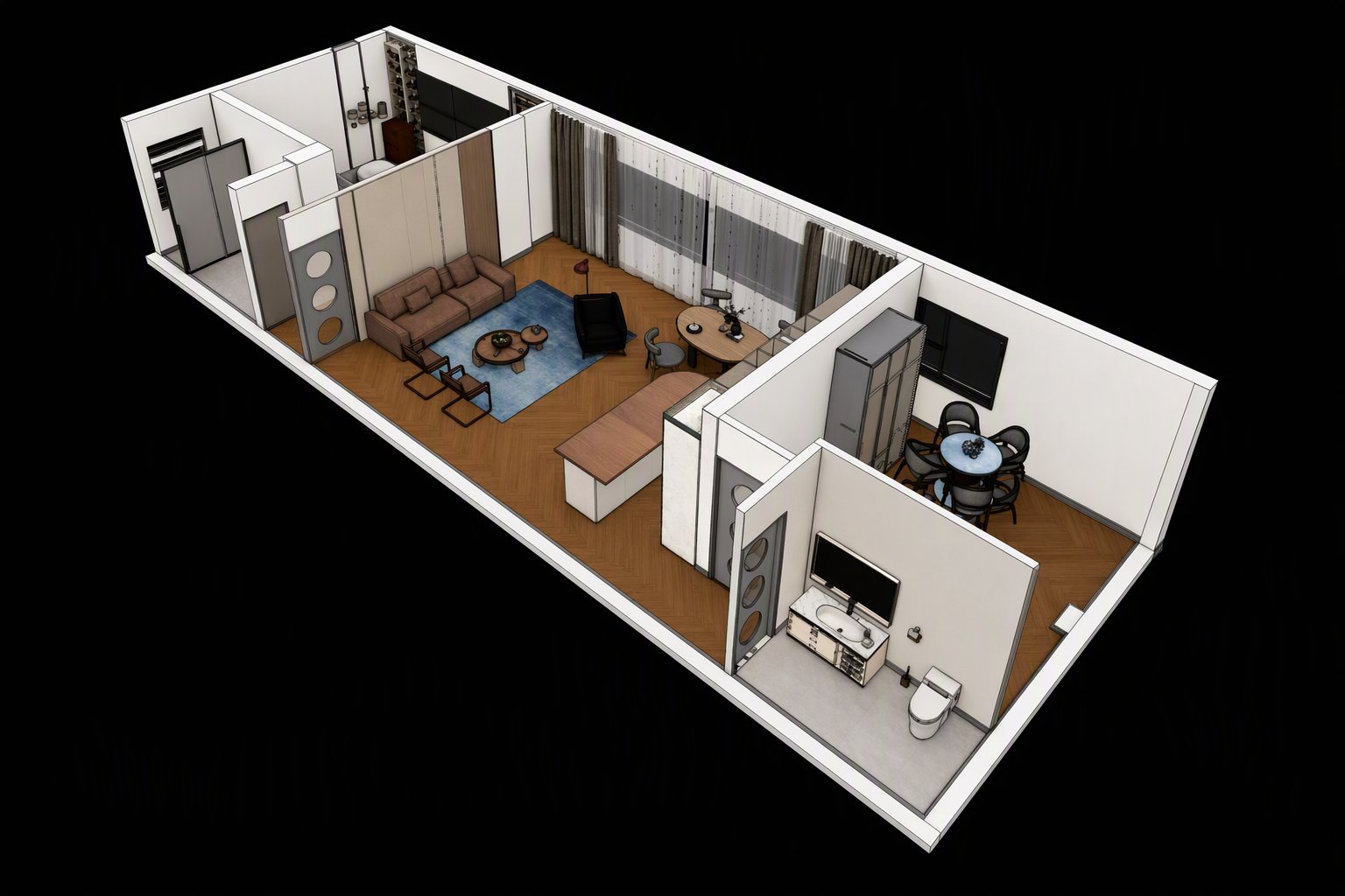 The result: the whole apartment as a real AIHom 3D model, walls cut away, every room furnished