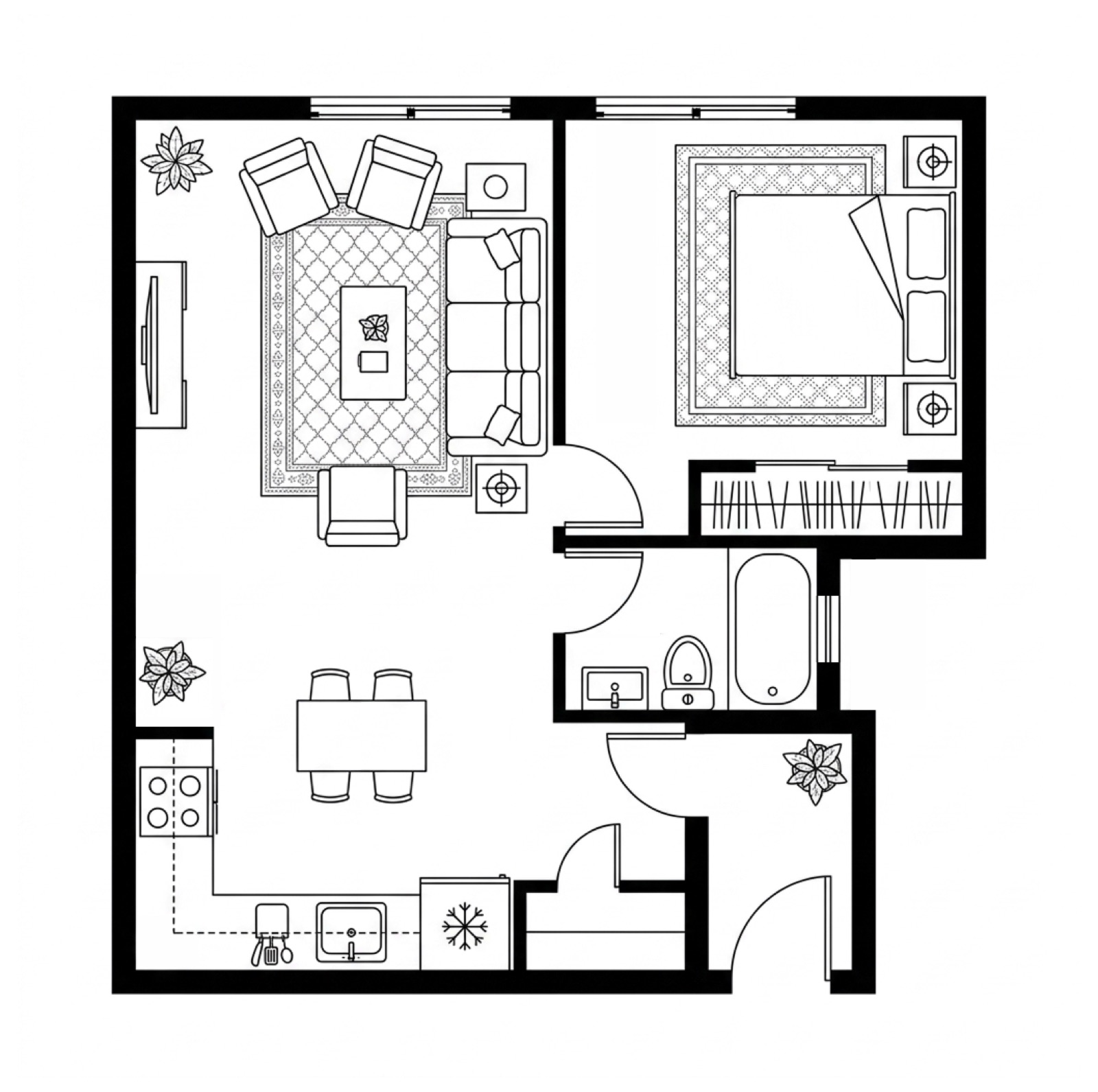 A clean builder floor plan: one-bedroom apartment with furniture drawn in