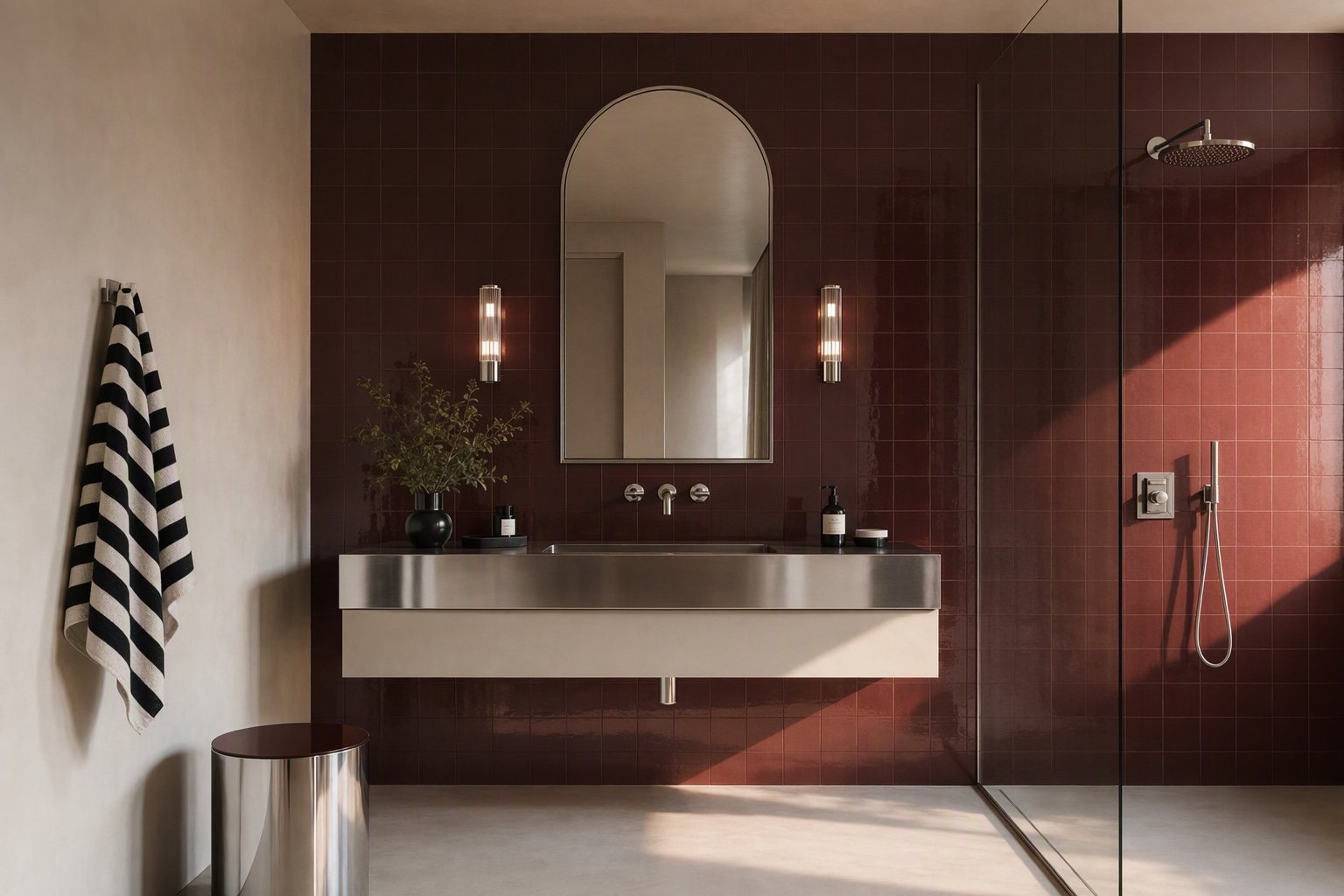 The same bathroom remodeled in AIHom: oxblood-red tile, a floating steel vanity, arched mirror and a frameless shower