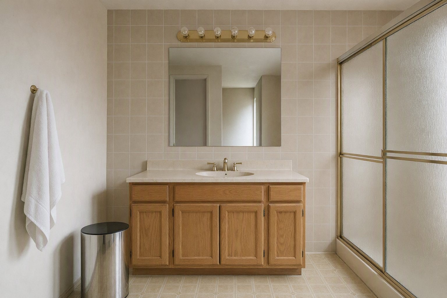 Your bathroom photo, before the remodel: beige tile, an oak vanity and a framed glass shower
