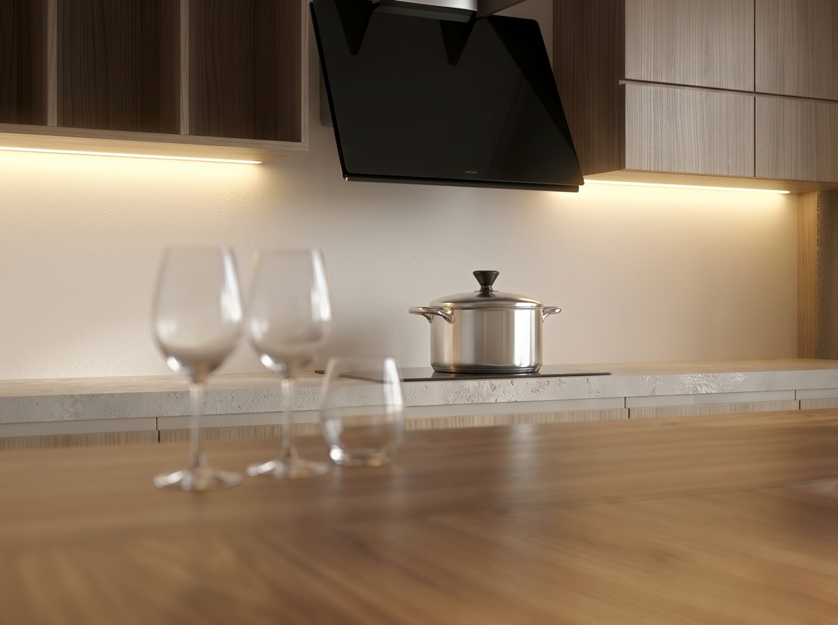 Photoreal AIHom render, close up: a steel pot on the cooktop under warm cabinet lighting, wine glasses blurred on the walnut island