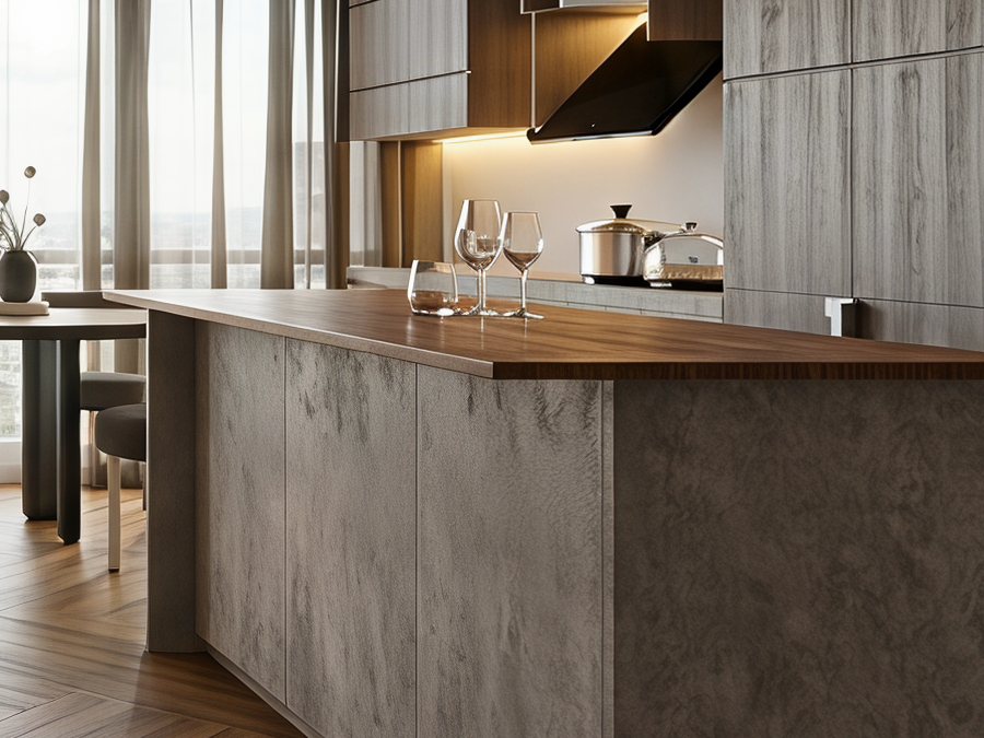 Photoreal AIHom render, close up: a walnut-topped kitchen island with wine glasses
