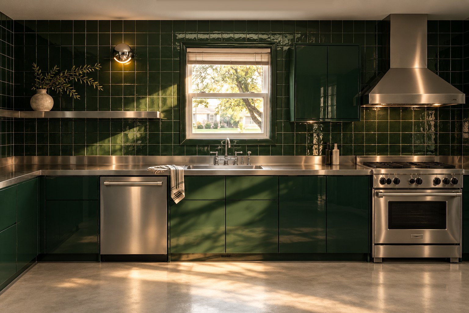 The same kitchen remodeled in AIHom: same window and cabinet run, now a floor-to-ceiling wall of glossy emerald-green tile, green lacquer cabinets, a stainless-steel worktop, sink and range, a steel shelf and a polished concrete floor