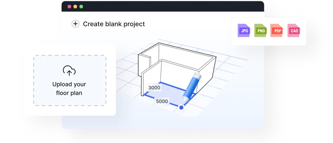 Create a floor plan from scratch or upload an existing one