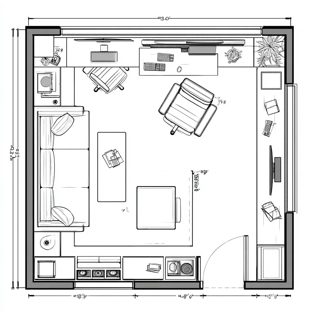 Living room with built-in home office nook