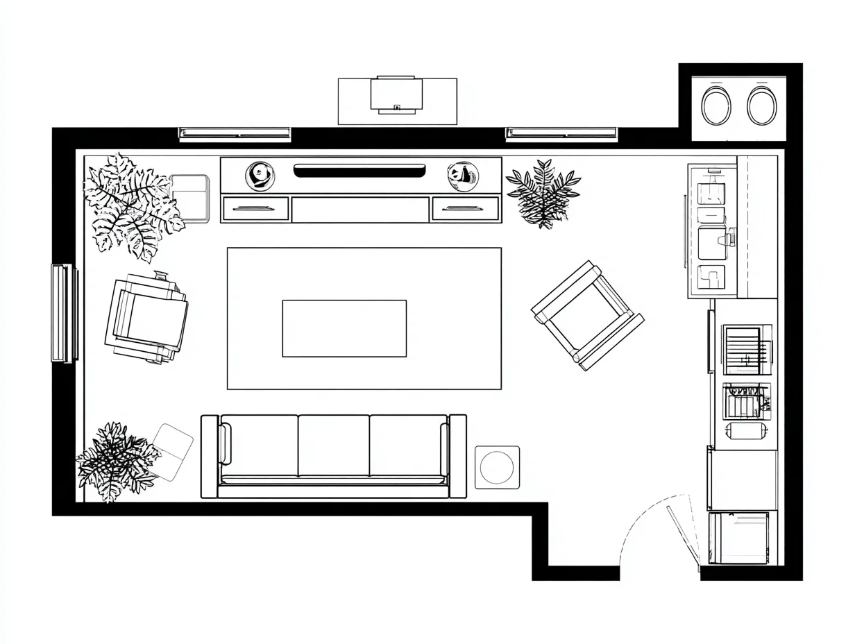 Long & narrow 12’×24’ living room plan