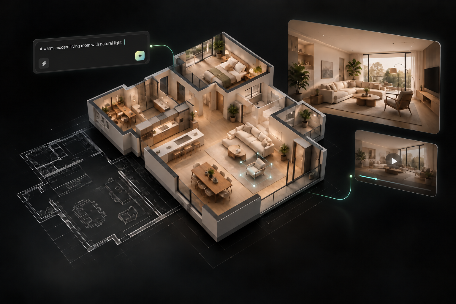 Planimetria, casa arredata in 3D e rendering degli interni vengono mostrati insieme in AIHom.