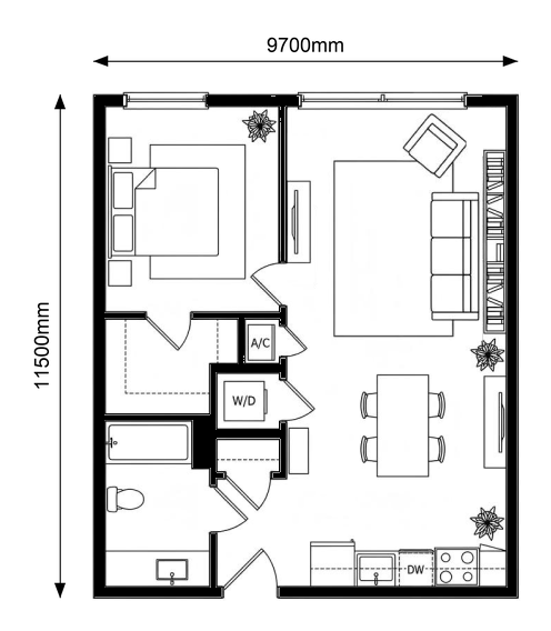 One-bedroom, one-bathroom floor plan for the Wabi-Sabi home