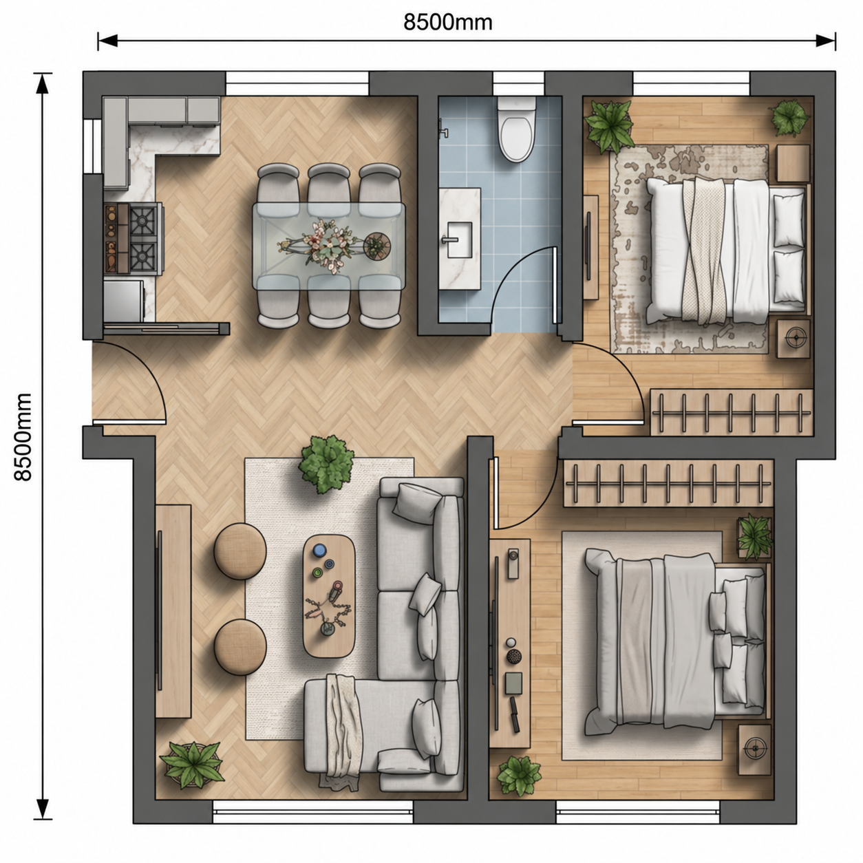 Two-bedroom, one-bathroom floor plan for the American Classic home