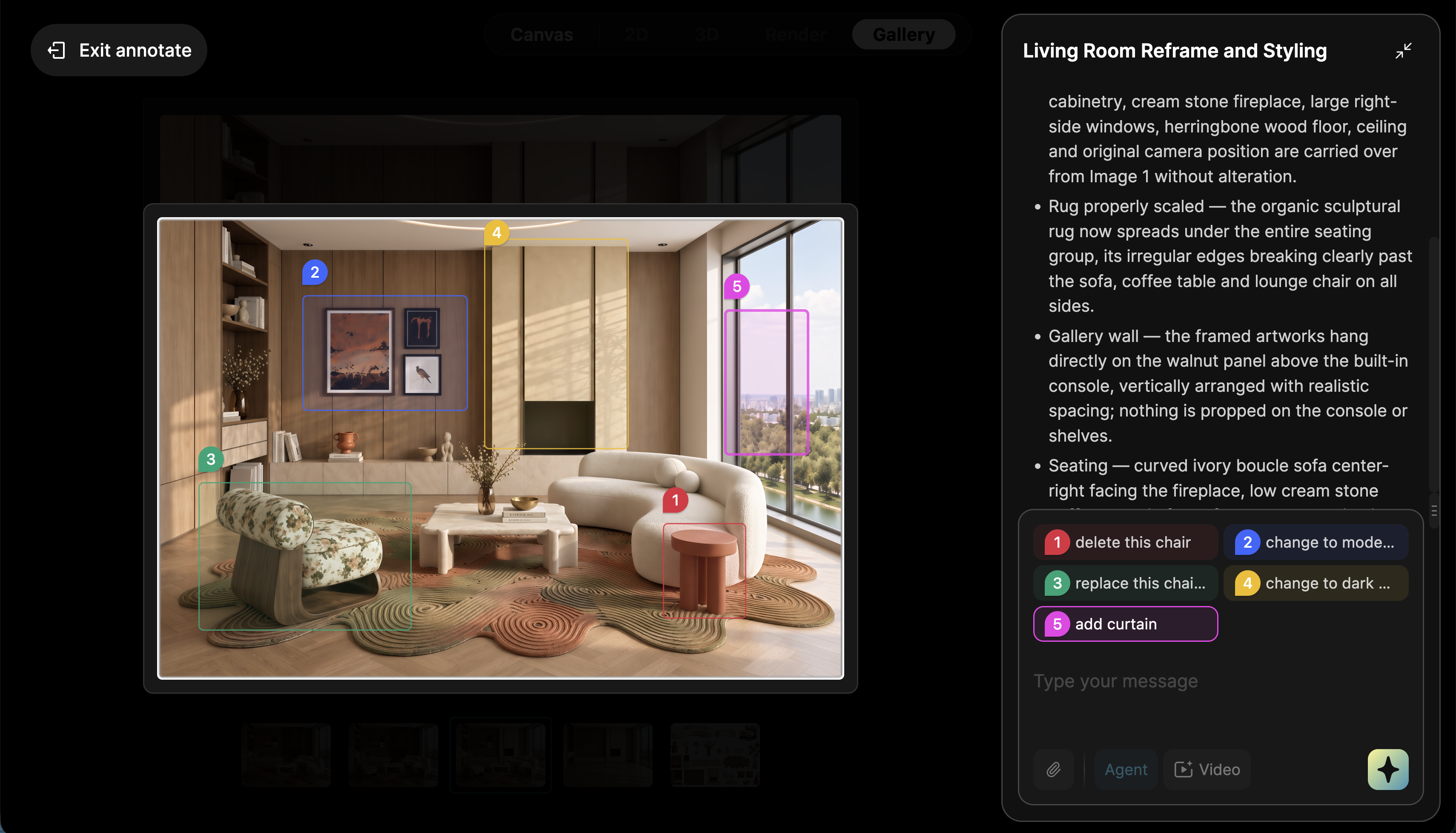 Five selected areas in AIHom Annotate with matching numbered editing instructions in the chat box