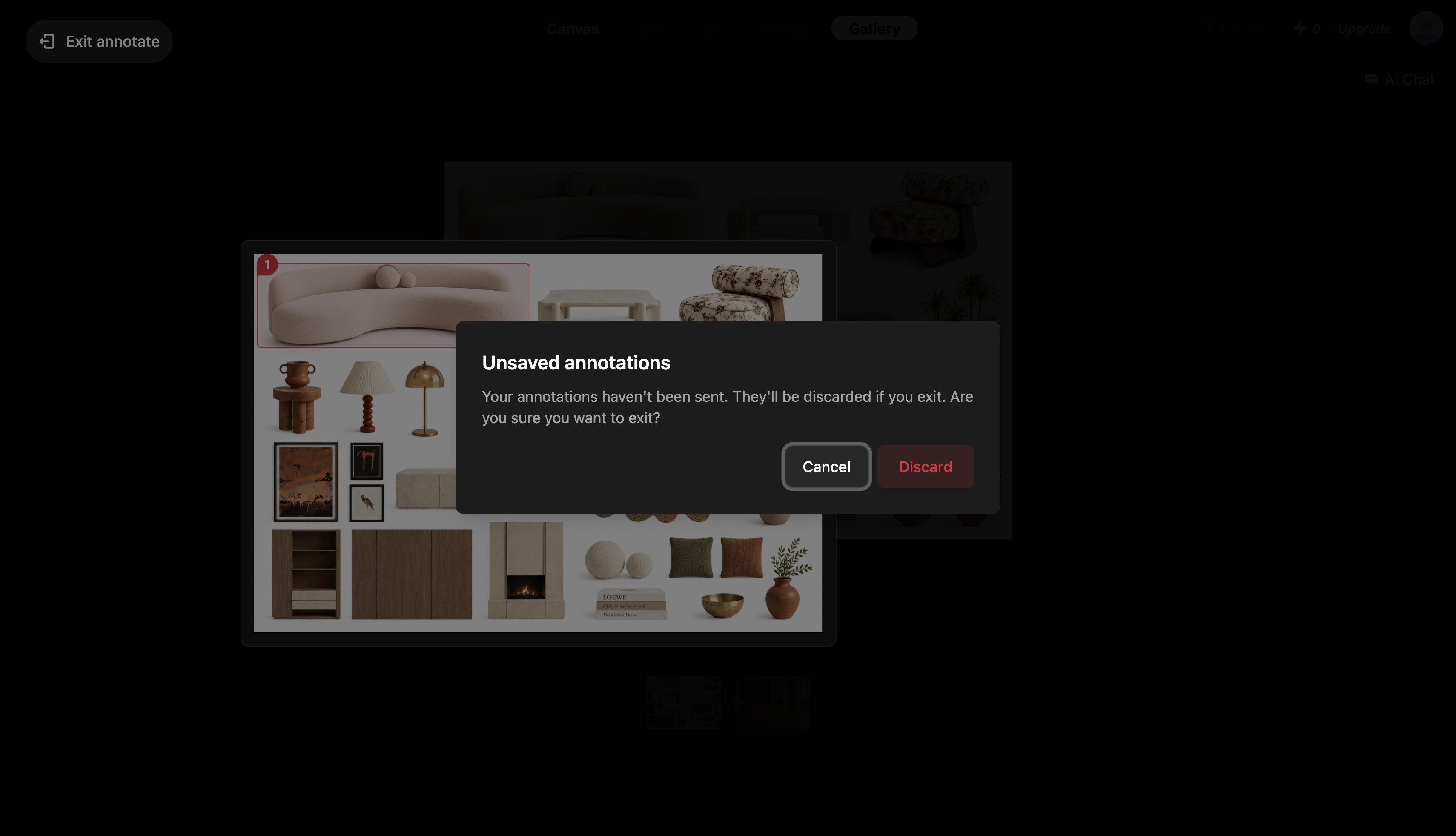 Unsaved annotations dialog with Cancel and Discard options