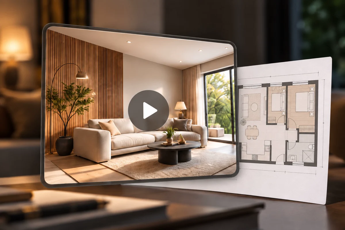 A living room render in a frame next to a floor plan sheet
